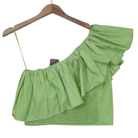 Vestique Cropped One Shoulder Top Womens M Green Ruffle Beachy Resort Glam Vaca - Picture 4 of 12